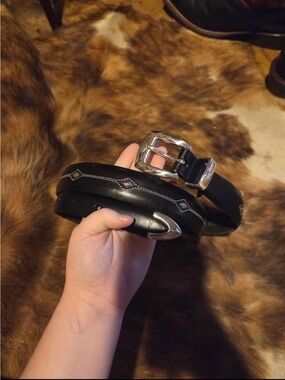 Brighton Black Leather Belt with Silver Buckle and Tip Accents